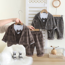 男童周岁礼服儿童小西装宝宝套装马甲英伦西服春装格子帅气三件套