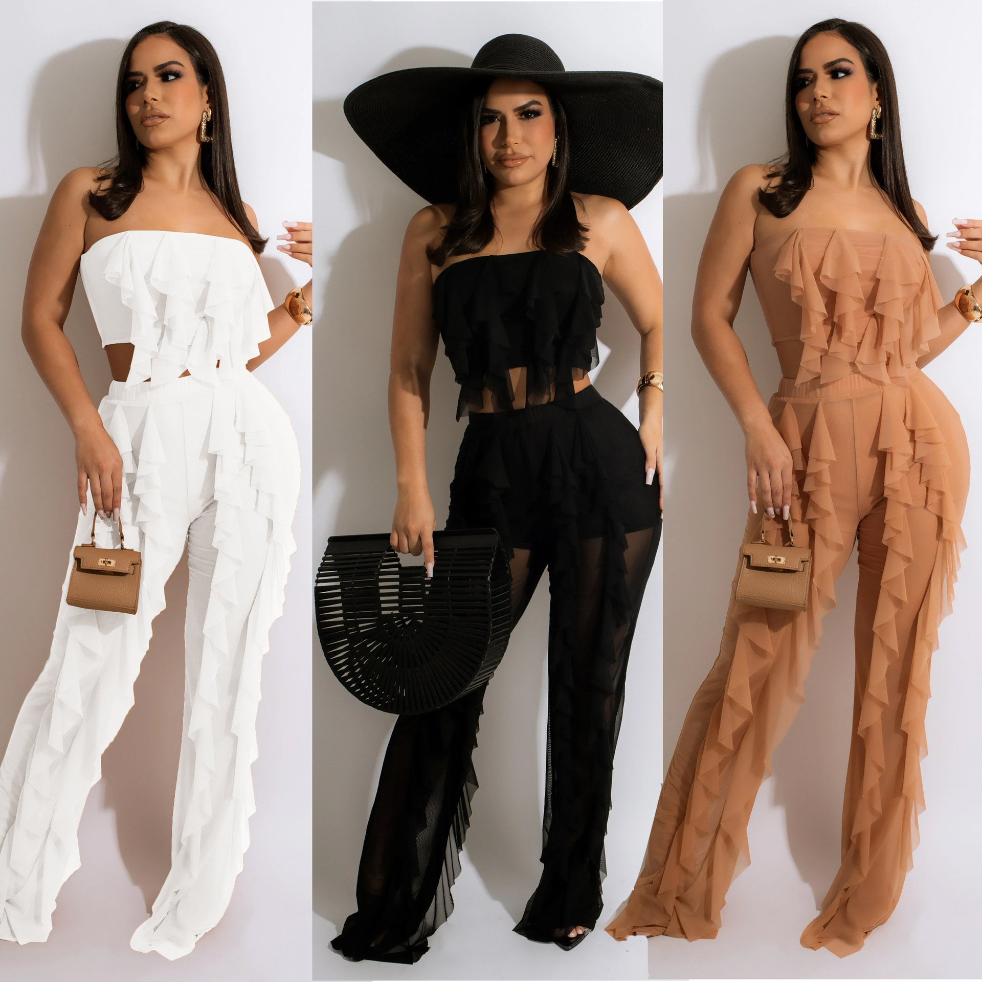 Spring And Summer New Clothes Mesh Ruffled Wrap Corset Wide-Leg Pants Beach Suit