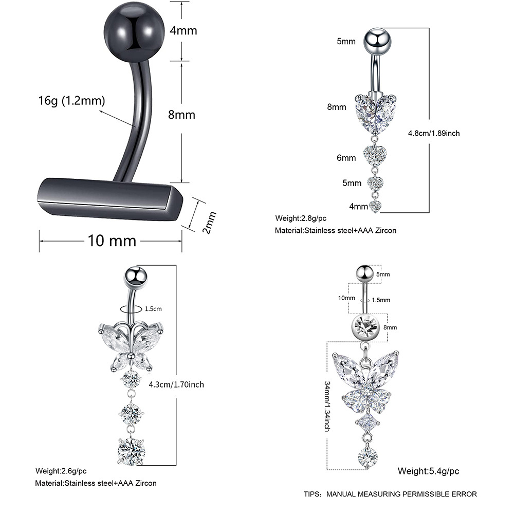 1 Pièce Mode Star Forme De Cœur Papillon Acier Inoxydable Incruster Zircon Anneau Du Ventre display picture 1