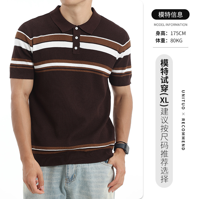 Hombres Waffle Stripe Polo Casual de negocios de alto nivel con collar de manga corta camisa de punto Paul