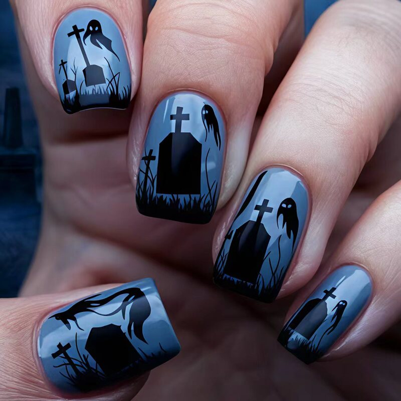 Halloween Short Square Blue Fake Nails with Tombstone Pattern, 24-Piece Detachable Fake Nails Wholesale