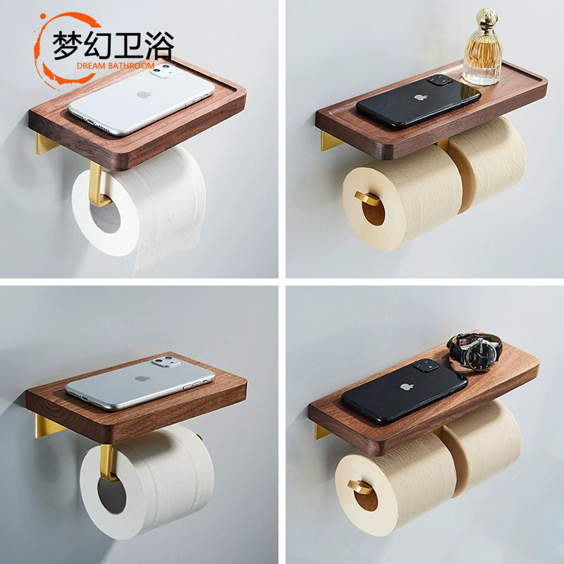 Manufacturer wholesale walnut bathroom tissue holder punch-free toilet solid wood paper holder cross-border mobile phone toilet paper holder