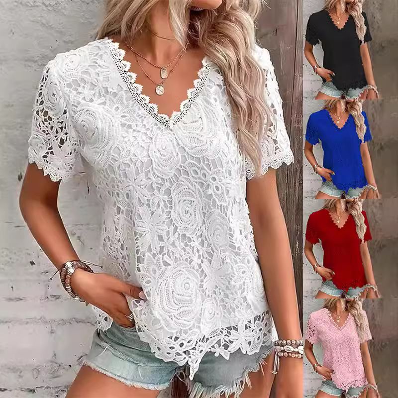 2024 New Aliexpress Amazon European and American Fashion Tops T-Shirts Lace Short-Sleeved Women