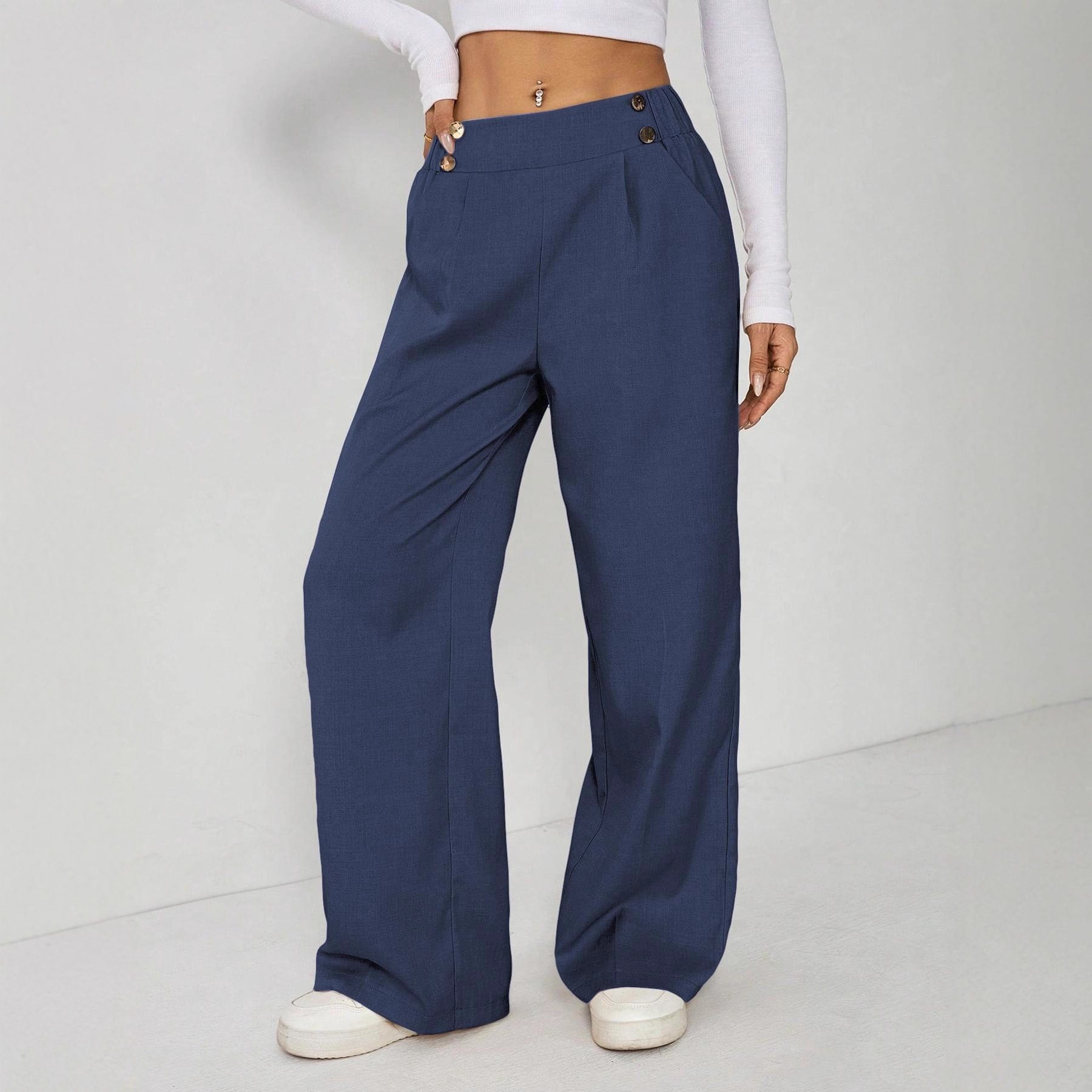 Women's Wide Leg Straight Leg Trousers Casual Fashion European American Style Button Decoration Commuting Pants_ecoleips.com