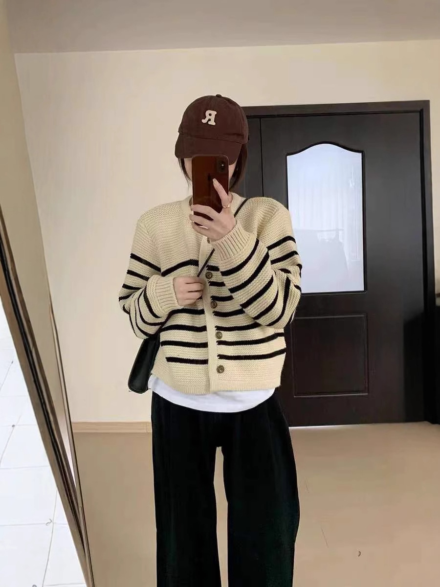 24 Dongpuyuan coreano aguja gruesa a rayas cardigan de punto de otoño para mujeres con un sentido de alta calidad