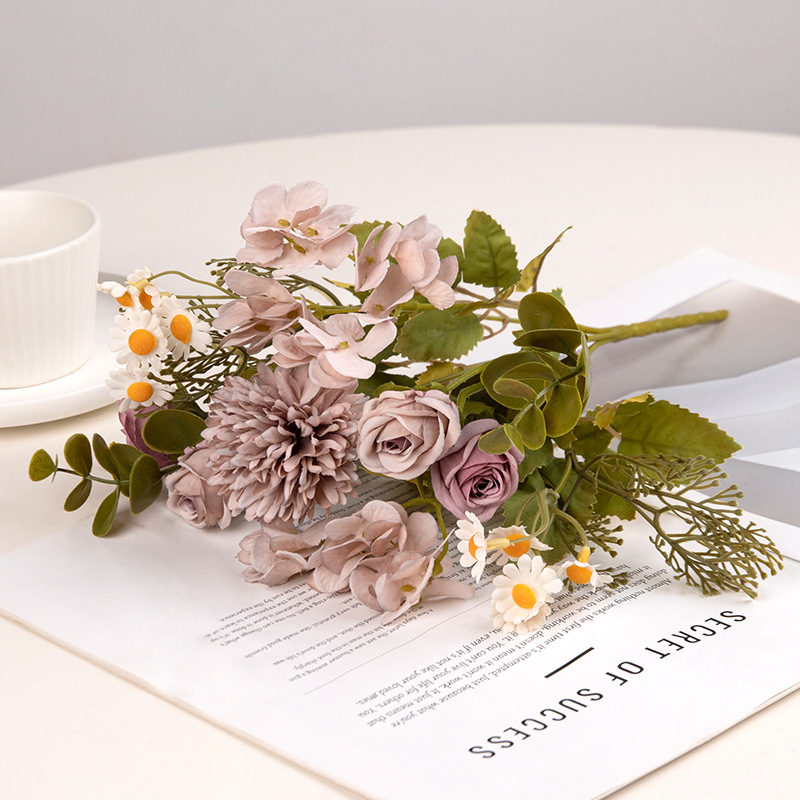 Flor artificial, color otoñal, retro, manguito pequeño, manguito, hortensia de 7 tenedores, arco de boda de rosas, decoración de flores de guía de carreteras, manzanilla de flores falsas
