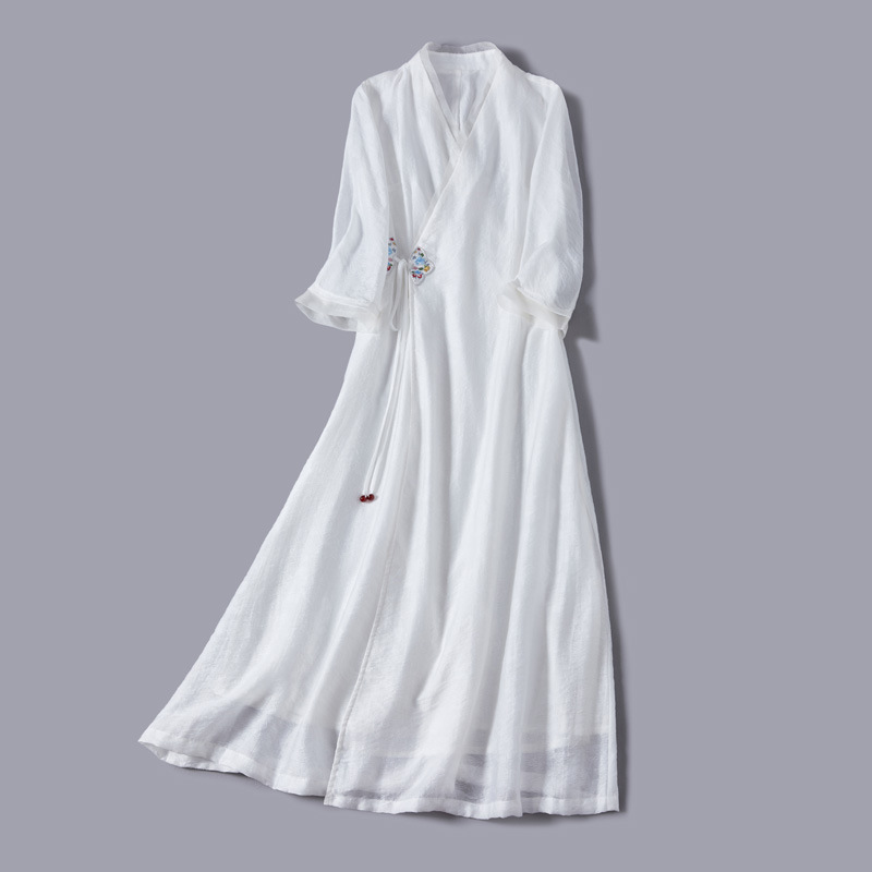 Chan Tea Fu 2022 New Vintage Collar Patch Embroidery Mid-length Improved Cheongsam Tiansilk Jacquard Dress