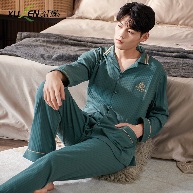 Primavera y otoño pijamas hombres primavera y otoño 100% algodón pantalones de manga larga Otoño e Invierno simple ropa para el hogar más traje de tamaño