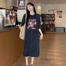水洗纯棉短袖连衣裙女2024年夏季复古长裙宽松遮肉显瘦大码T恤裙