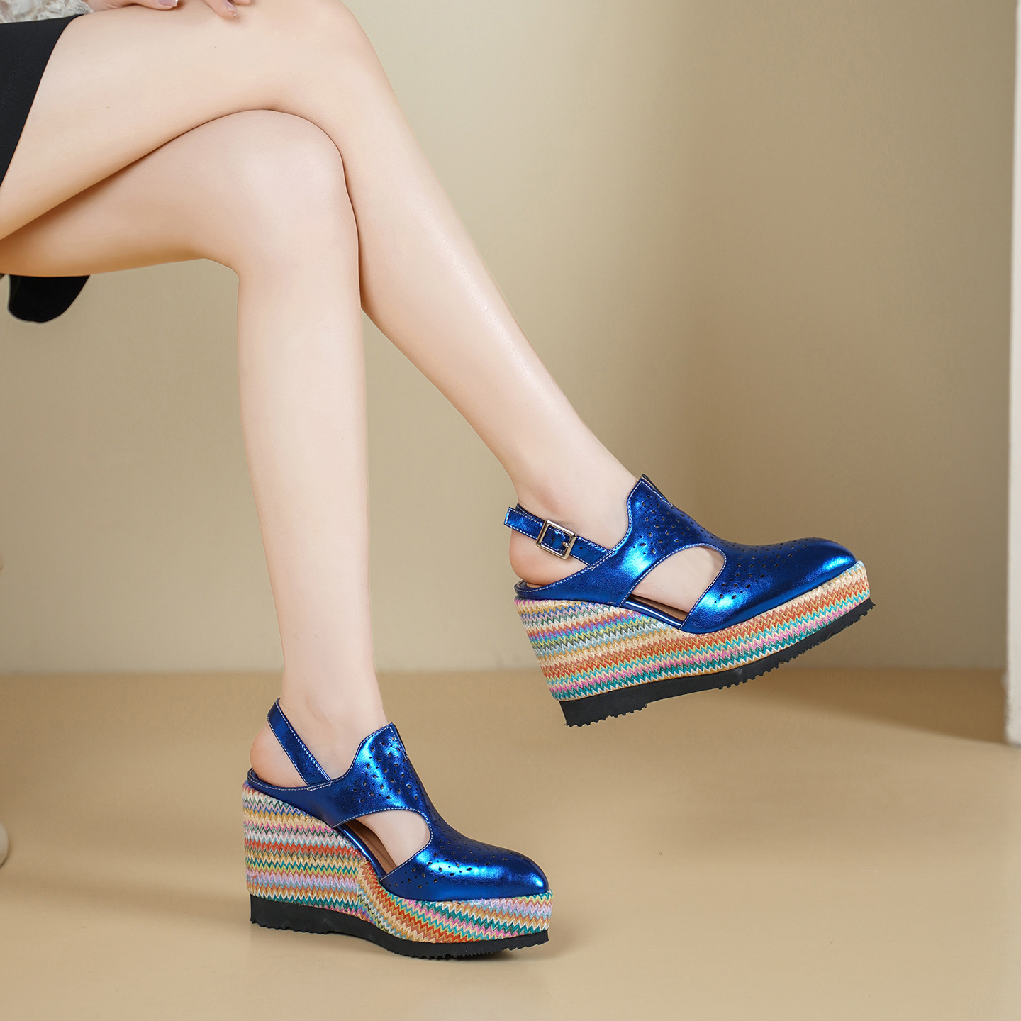 Sandal cao gót nữ mũi kín đế xuồng 10 cm phong cách La Mã — xanh lam, màu mơ