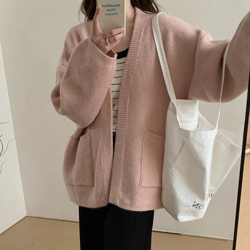跨境大码慵懒风纯色口袋针织开衫女外穿秋冬简约厚实休闲毛衣外套|undefined