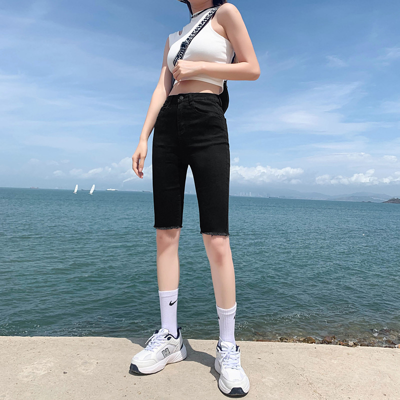Five-point Jeans Women's Summer High Waist Stretch Mid-length Pants Tight-fit Slim-fit Ripped Shorts Internet Popular ins Cycling Black Pants