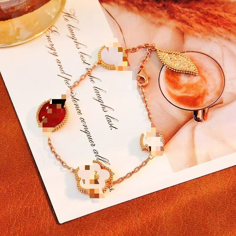 Cross-Border Hot-Selling New Light Luxury Series Romantic Cherry Blossom Seven-Star Ladybug Bracelet Double-Sided Mother-Of-Pearl Fashion Five-Flower Bracelet