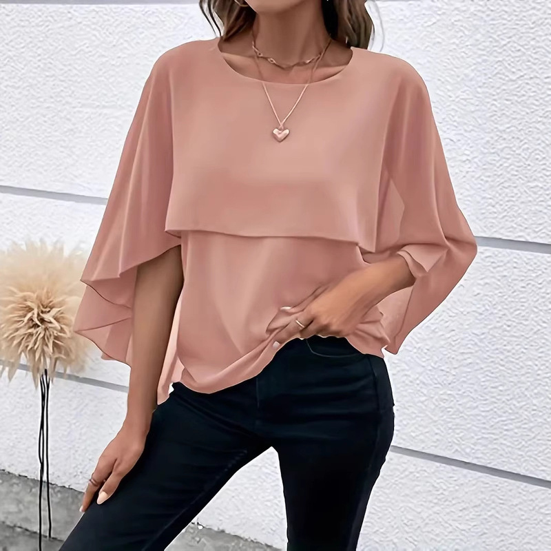 Cross-Border Amazon Aliexpress European and American Foreign Trade Women's Clothing Versatile Round Neck Solid Color Layered Cape Sleeve Chiffon Shirt for Women