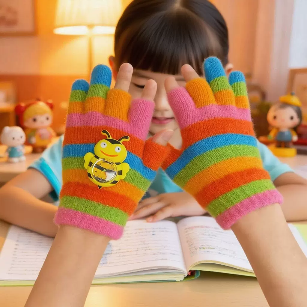 跨境儿童写作业冬季五指保暖毛绒彩虹小学生幼儿男童女童手表手套