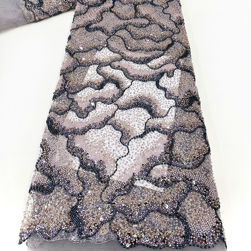 Tubo de cuentas bordado de alta gama cuentas bordado sequinado tela de red de encaje ondulado fondo DIY estilo Hepburn vestido de boda tela