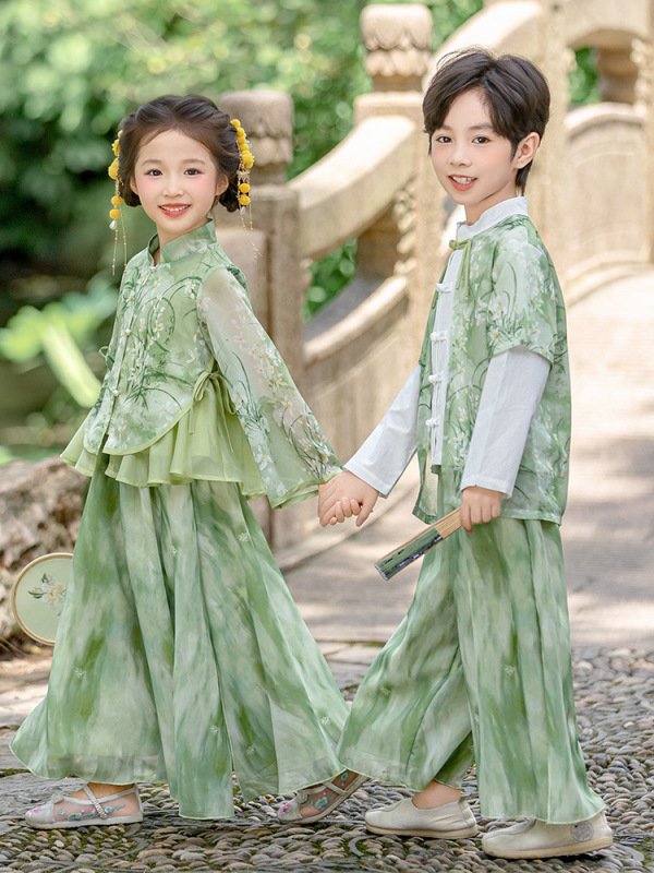 幼儿园秋季国风新款姐弟兄妹汉服套装小学生诗歌大合唱唐装表演服|undefined