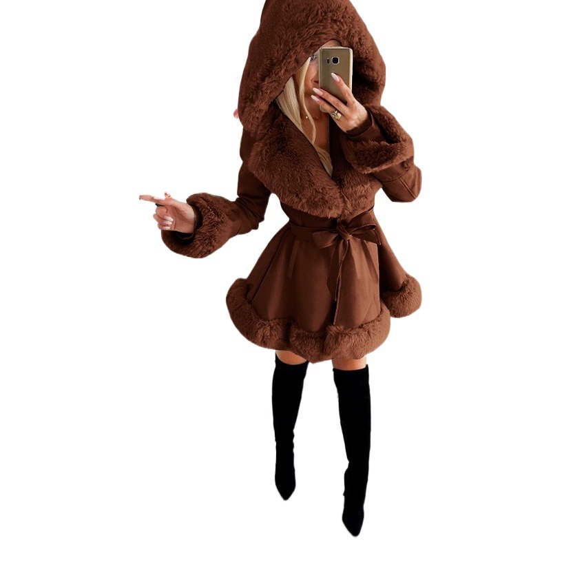 2023 Новая женская теплая однотонная куртка на шнуровке с длинным рукавом и капюшоном в стиле Chanel с меховой строчкой и рюшами