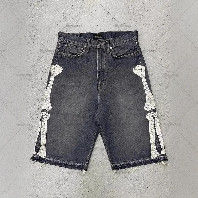 Cross Border American Street Letter Embroidered Vintage Denim Shorts Men's Y2K Casual Embroidered Bone Denim Shorts