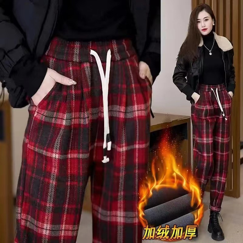加绒加厚复古毛呢格子哈伦裤2024冬季新款美拉德新年战袍休闲长裤