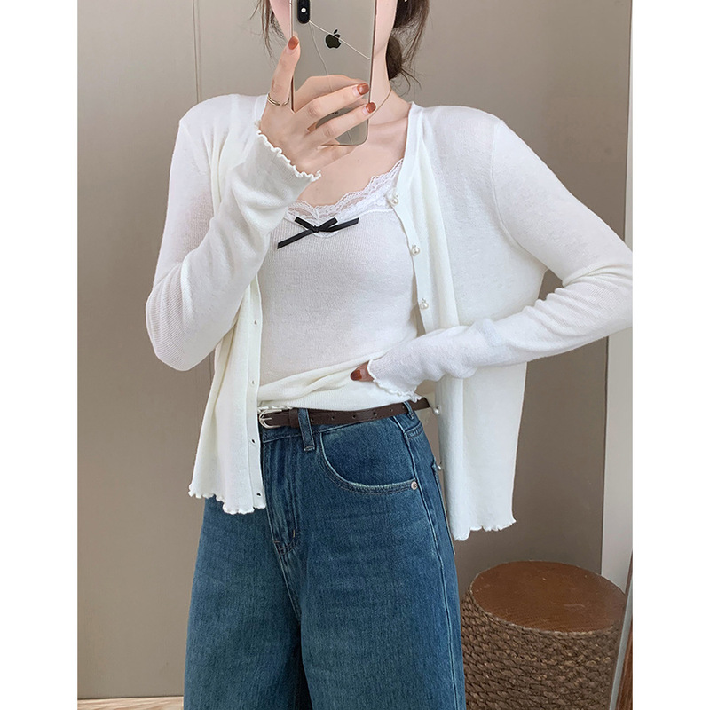 甜美韩系蝴蝶结设计无袖吊带背心+长袖针织开衫两件套装女薄上衣|undefined