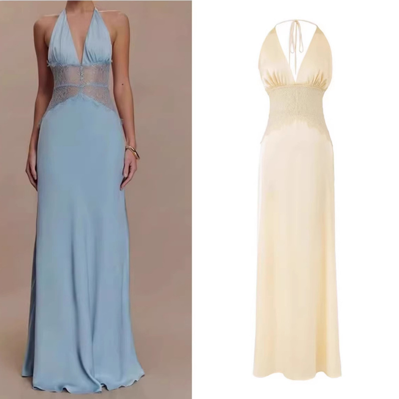 French-Style Socialite High-End Halter Neck Low-Cut V-Neck Lace Patchwork Hollow-Out Sexy Long Gown Dress French-Style Socialite High-End Halter Neck Low-Cut V-Neck Lace Patchwork Hollow-Out Sexy Long Gown Dress