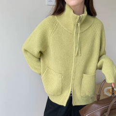 宽松大口袋立领双拉链插肩袖净版叠穿针织衫外套女2025秋冬款线衫