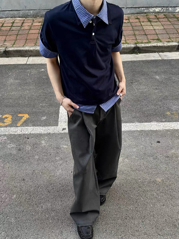 高品質アイス感触抗シワステッチフェイクツーピース半袖Tシャツサマーポロカラーシャツ高級高級トップスmiuシリーズ|undefined