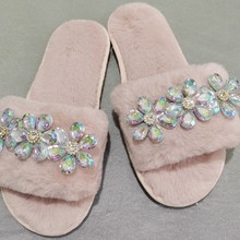 新款厂家批发大码网红亚克力水晶花一字毛拖居家跨境 小红书