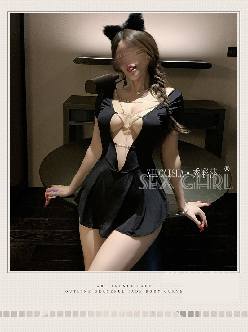 Deep V-Neck Babydoll Dress with Hollow-Out Design, Two-Way Wear, Black with Open-Crotch Stockings — detail image 5