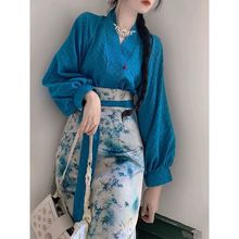 秋季新中式国风汉元素改良明制汉服蓝色连衣裙子女茶系穿搭两件套