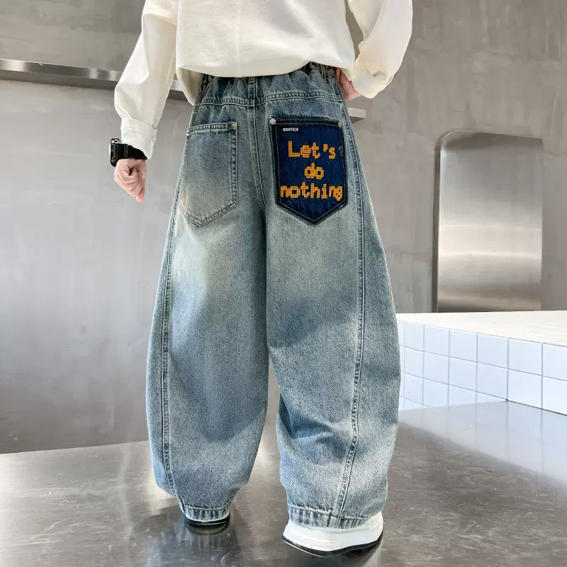 男童渐变阔腿牛仔裤春秋款儿童宽松工装裤中大童潮流百搭炸街长裤