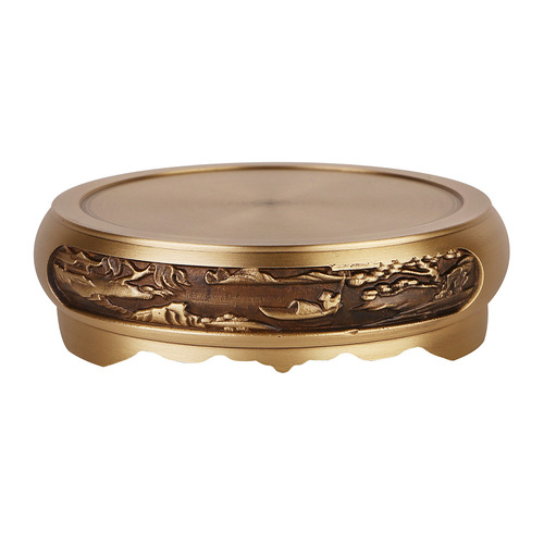 Pure brass extra large incense burner base circular relief landscape base decoration rice vat treasure basin bottom holder coffee table ornaments