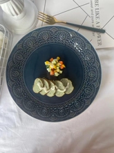 釉下彩浮雕复古大盘子菜盘家用泰式西餐盘意面盘水果盘甜品盘微瑕