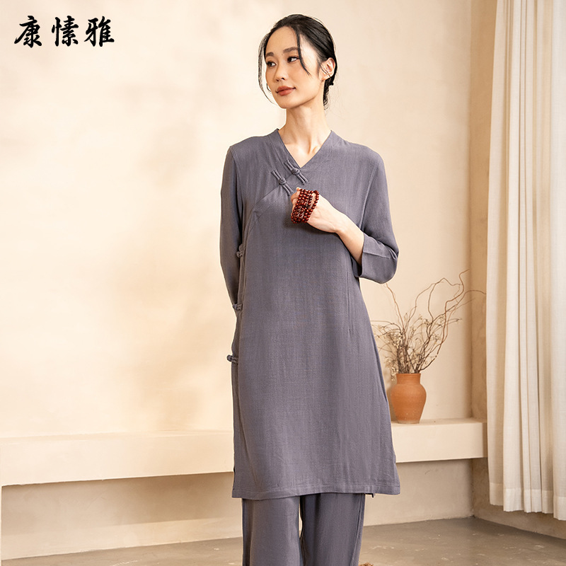 New Chinese Style Tea Clothing Women's Zen Cotton and Linen Art Chinese Style Little Women's Jusan Clothing Tea Art Mid-length Loose suit