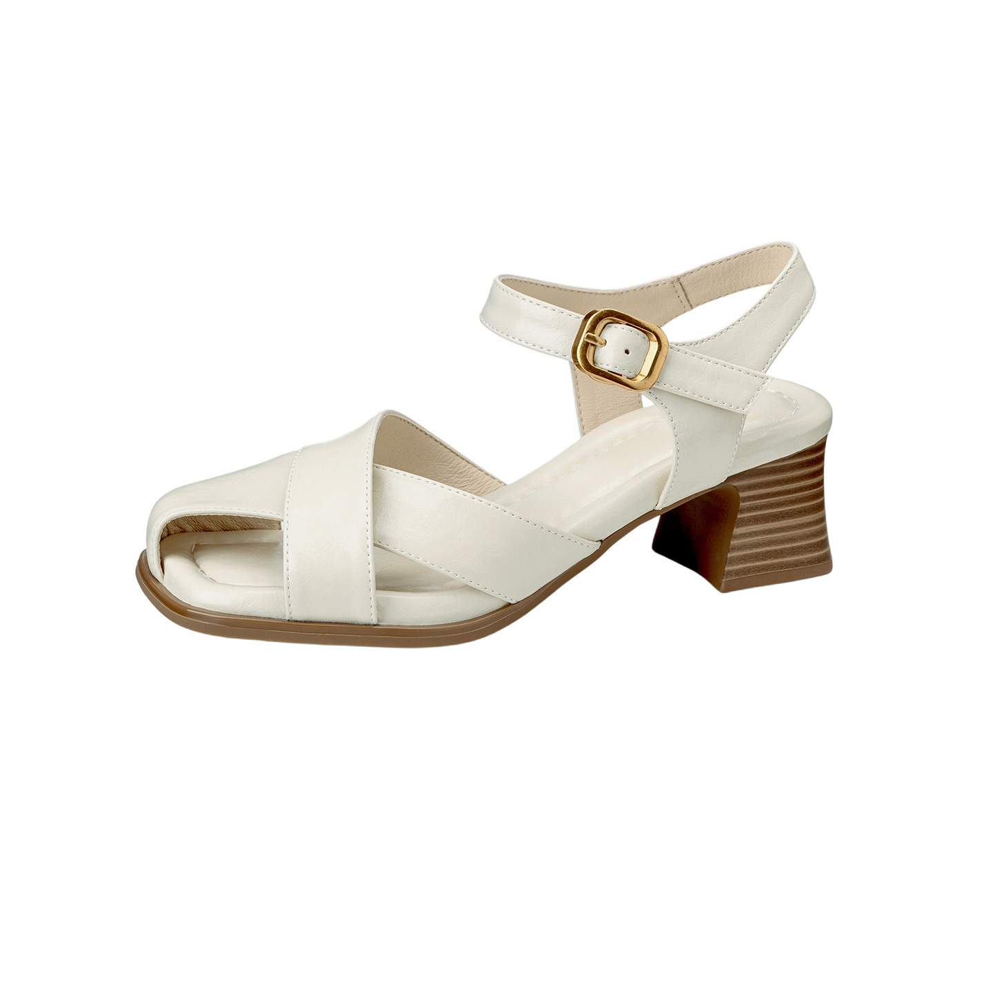 Sandal nữ da bò kiểu Pháp đế mềm thấp gót đi làm mùa hè — đen