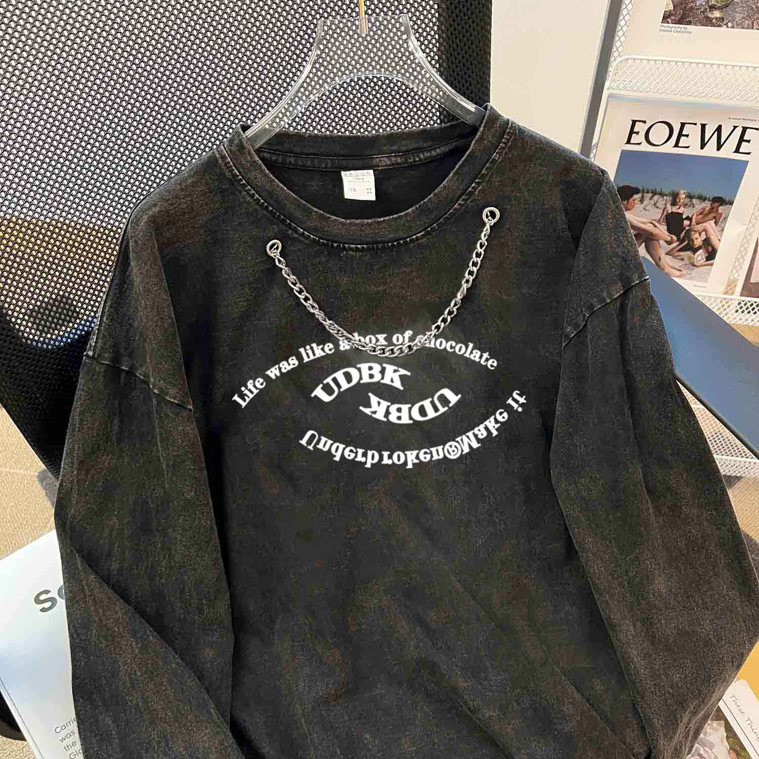 Washed Vintage Pure Cotton Loose Fitting Casual Pullover Spring Autumn Washed Worn round Neck Ripped Long T Shirt Women