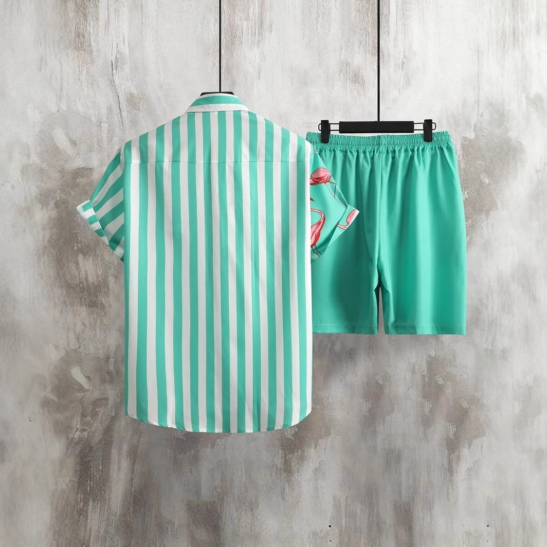 Grulla de corona roja contraste color rayas impresión digital 3D Xiyin venta caliente camisa de verano pantalones cortos conjunto vacaciones en la playa