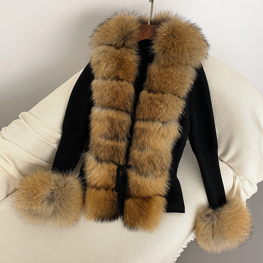 Women's Clothing popular women's knitted sweater with detachable real fox fur collar and cuffs fur cardigan knitted sweater fur coat for women_voghion.com