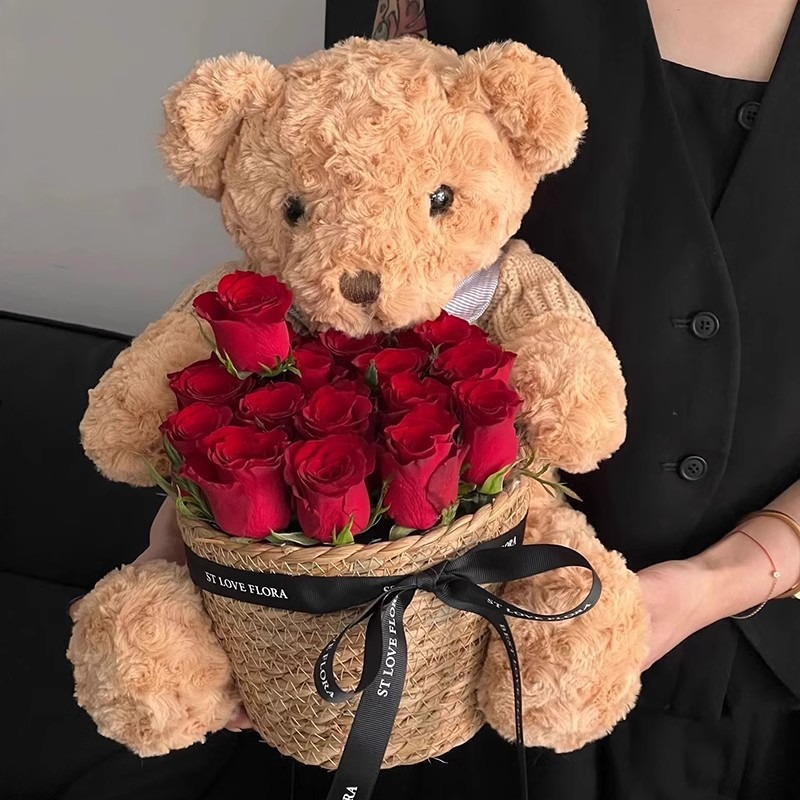 [빨간 장미와 검은 건포도 11 개] 테디 베어 양동이를 안아주세요
