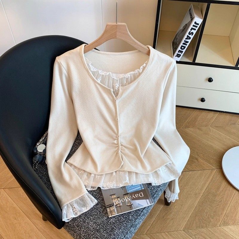 Pure Desire Lace Trim Spliced V-Neck Red Long Sleeve T-Shirt Women's Autumn Slim Fit Stylish Base Shirt Top