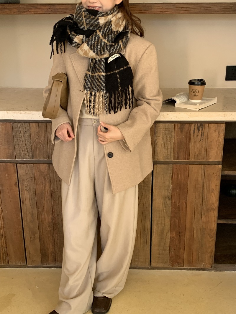 Women's Cashmere Scarf In Retro Blue Thousand Bird Grid Pattern_voghion.com