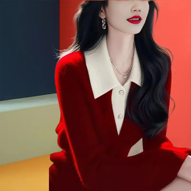 法式复古红色针织衫上衣女秋冬季新款时尚百搭洋气减龄长袖打底衫|undefined