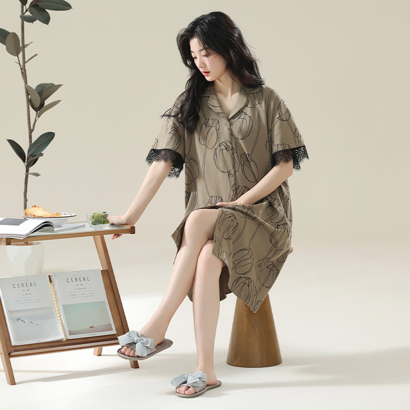 [Personalizado] 7A camisón de algodón antibacteriano verano algodón de manga corta estilo delgado primavera y verano pijamas de mujer vestido de longitud media