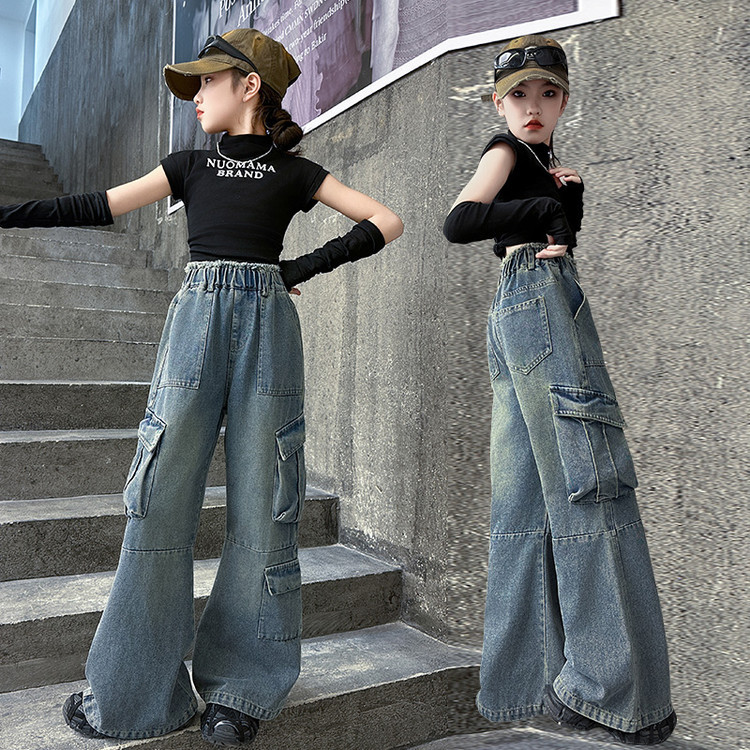 Mother & Kids Children's Distressed Hem Boyfriend Jeans For Girls - High Waist Relaxed Fit Denim Pants With Raw Edge Detail (Retro Blue, 120-170cm)_voghion.com