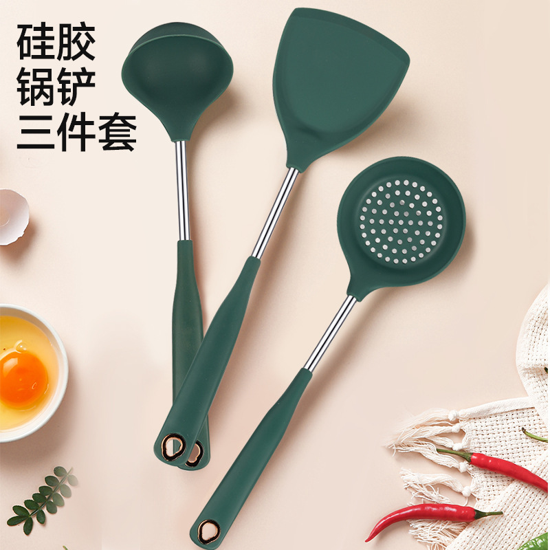 国境を越えた木の柄をカスタマイズしたシリカゲル調理器具セット三点セットの耐高温炒め料理シャベルを入れたスプーンの日用料理卸売り|undefined