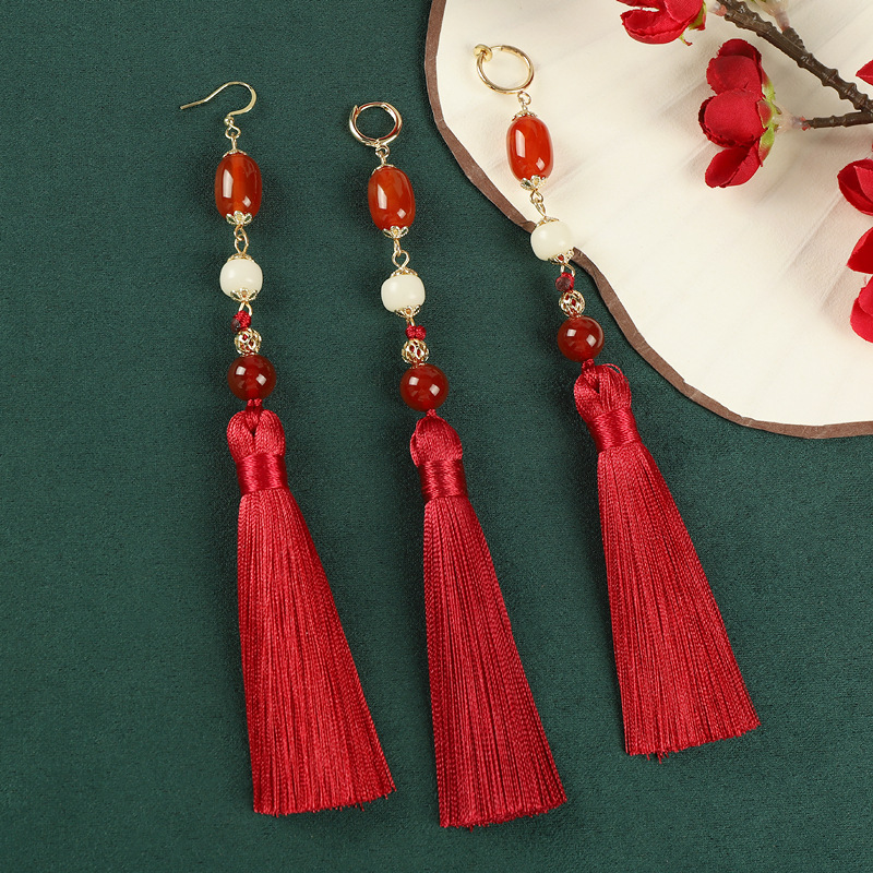new chinese style red agate tassel long earrings niche ethnic style vintage earrings chinese style han costume earrings for women