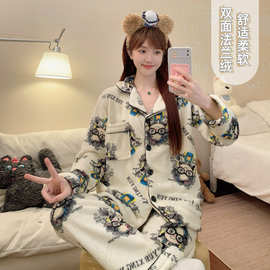 冬季保暖加绒加厚开衫卡通珊瑚绒法兰绒睡衣女长袖长裤家居服套装