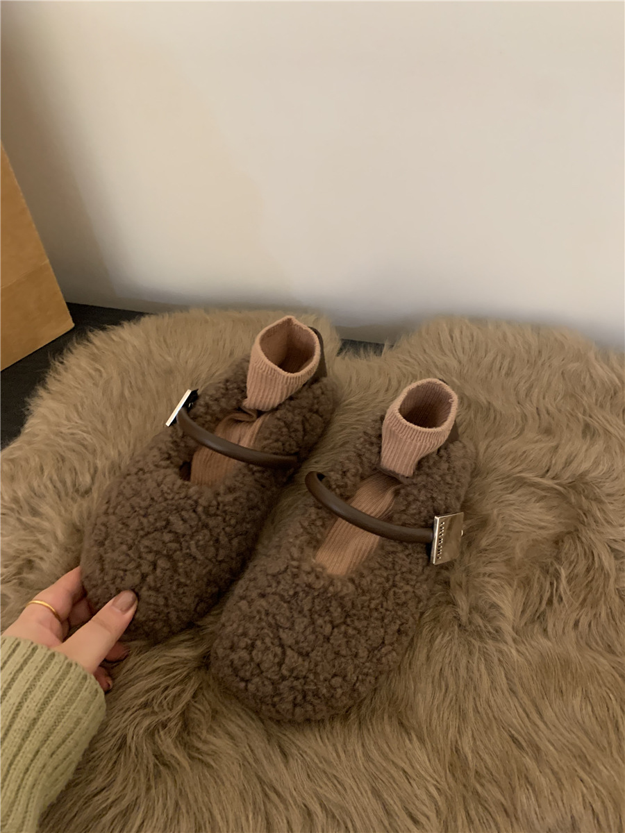 2024 neue Herbst- und Winterschuhe aus Samt mit runder Spitze, flachem Mund, Temperament mit flachem Boden, warme Bohnen, französische haarige Schuhe für_voghion.com