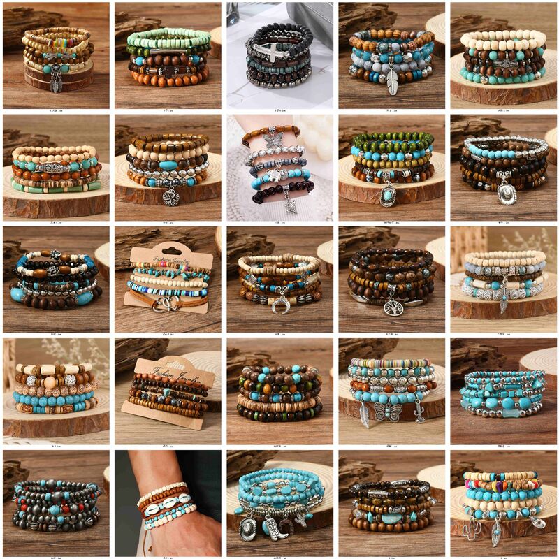 Amazon cross-border hot selling handmade beaded bracelet men's retro style multi-layer elastic line wood beads life tree bracelet